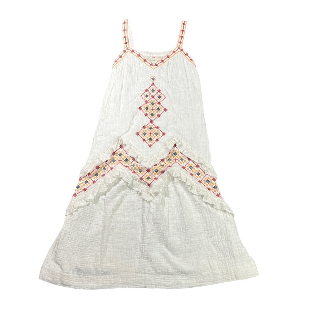 Max Studio London Embroidered Boho Midi Dress Women's Small Ruffle White/Red‎